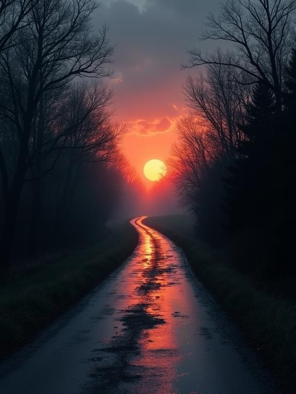 Extreme macro shot digital watercolor painting featuring a long winding road towards a small deserted misty landscape. Smooth paint strokes with minimalist style. Puddles reflecting sunrise colors, creating a serene and moody atmosphere.