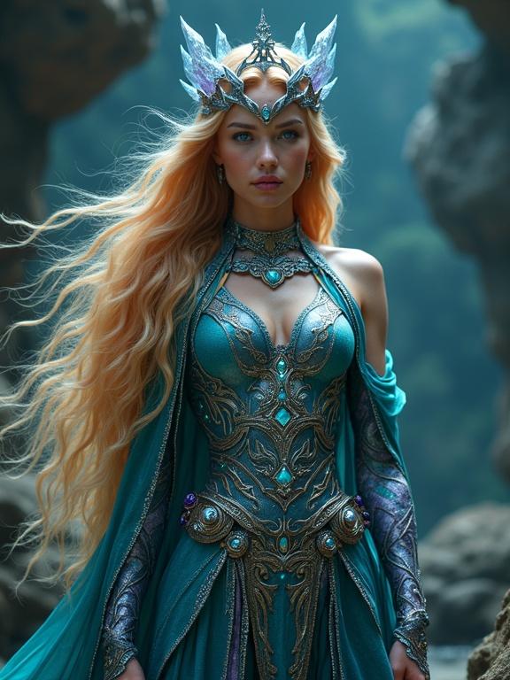 Full-body shot of a cosmic guardian woman. She stands majestically facing the camera. Her golden teal hair is flowing with shimmering waves. Her ethereal face has bright blue eyes resembling galaxies. Her complexion is deep obsidian with bioluminescent flecks. She wears futuristic robes flowing like liquid metal down to delicate boots. Intricate tattoos pulse with light, changing colors with emotion. Her cloak displays glowing symbols. She wields a crystalline scepter that emits warm light and features gemstones. Her crown has pulsating gemstones, enhancing her majestic presence.