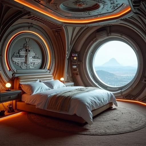 Bedroom design inspired by a star destroyer spaceship from Star Wars. Features a round window with a view and soft atmospheric lighting. Focus on modern aesthetics and sci-fi elements.