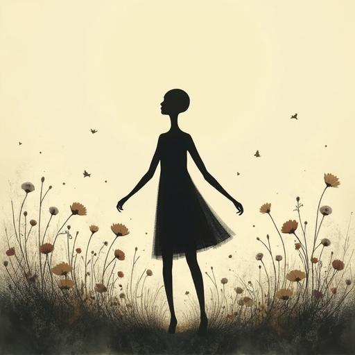 Bald human figure silhouette in a garden. Dancing figure in minimalist surrealism style. Abstract forms and textured brushwork enhance the visual metaphor.