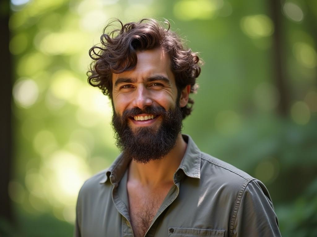 The image features a male figure with curly hair and a full beard. He is smiling warmly at the camera, exuding confidence and happiness. The background is a softly blurred forest scene with vibrant greens and natural light filtering through the trees. The man is wearing a casual shirt, adding to the relaxed vibe of the setting. This image captures a moment of joy in a natural environment, making it perfect for lifestyle and outdoor themes.