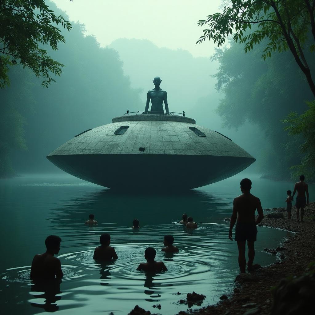 Create a scene with a crashed UFO in a jungle lake. Tribal people surround the lake, some swimming towards the UFO. An alien being emerges from a hatch on the UFO. The atmosphere is eerie and dramatic.