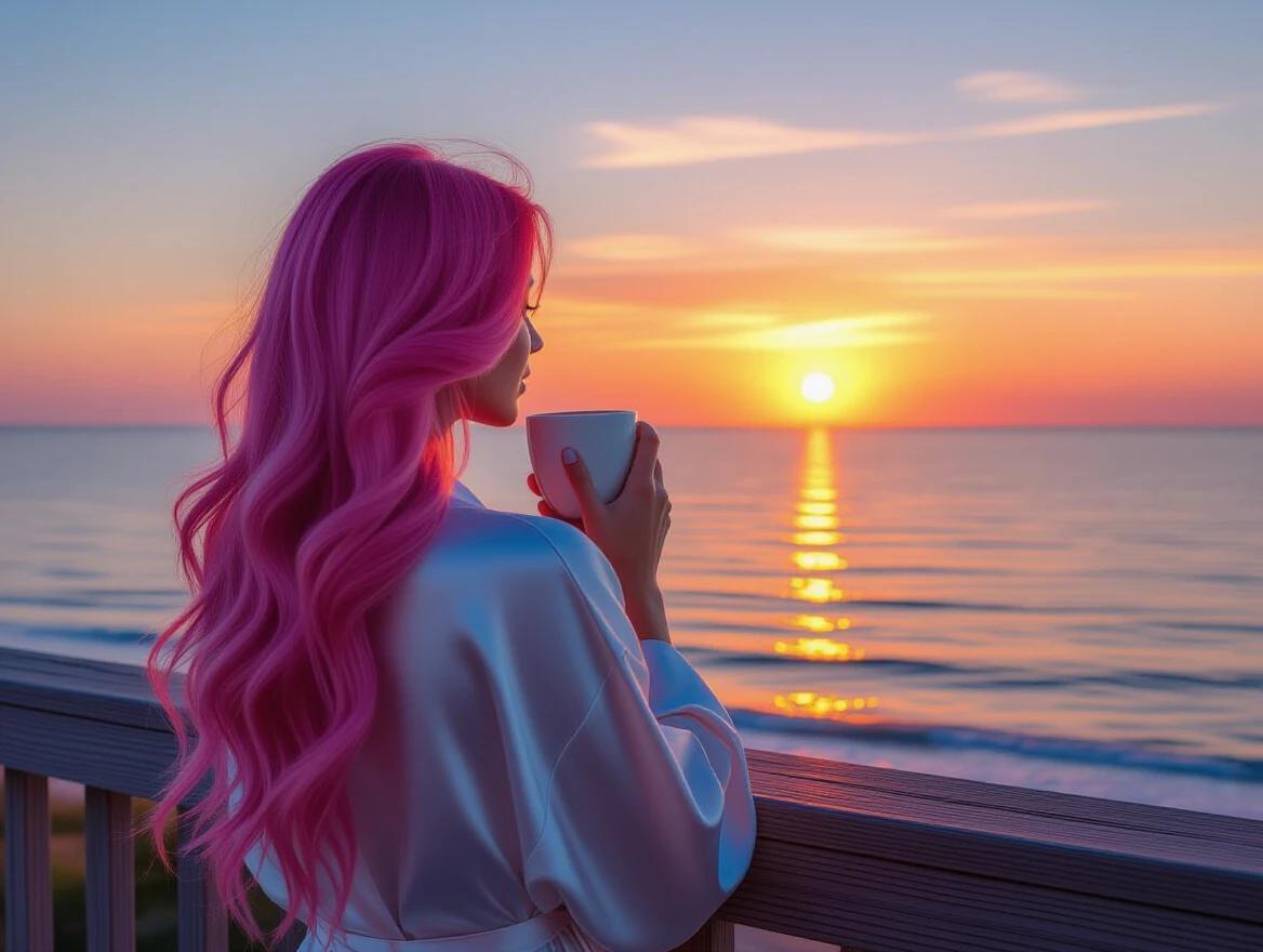 Photo of a person with long straight pink and blue ombre hair drinking coffee. The person is watching a sunrise over the ocean in Charleston SC, wearing a silk robe. The image is captured in HDR with a depth of field effect.