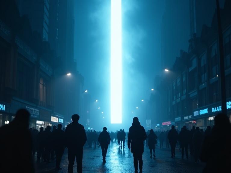 Image featuring a dark cinematic scene with a low ground angle perspective. A huge bright white light looms in the air above a dimly lit street. The scene includes silhouettes of a crowd of people looking up, surrounded by stores, light poles, and signs. The atmosphere is enhanced by a dark blue filter and a blue lens flare effect in front of the camera.