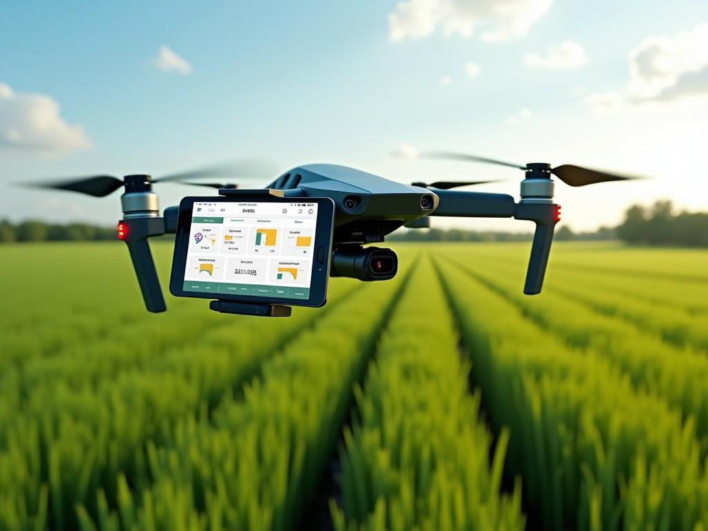 A drone hovers over a vast, lush green field, scanning crops with an advanced AI interface displayed on its control screen. The interface shows real-time data on crop yield, health metrics, and moisture levels. The field below is thriving with tall plants swaying gently in the wind. The scene is set against a bright, sunny sky with a few scattered clouds. The AI dashboard highlights key crop stats like growth rate and disease detection, while the drone navigates above, capturing a bird's-eye view of the landscape.