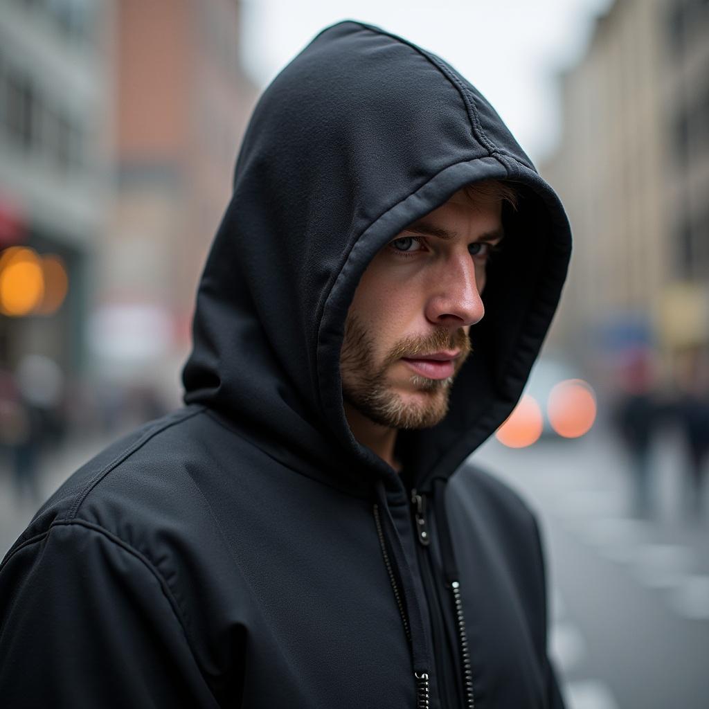 Hooded figure standing on an urban street. Focus on the hooded outerwear. A blurred city scene in the background.