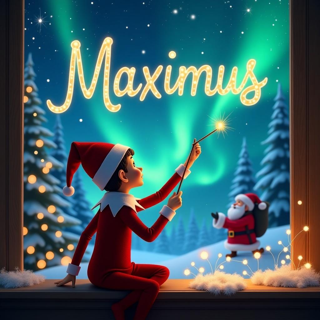 A magical Christmas scene where an elf is facing away, gazing at the sky. The elf, wearing a red outfit, is using a wand to write the name ‘Maximus’ in the air. In the background, Northern Lights glow in the night sky, creating a dreamy atmosphere. Santa Claus is nearby, also using a magic wand to elegantly write the names 'Ariana', 'Amril', 'Jane', and 'Hodges' in the air. The surroundings are filled with snow and holiday decorations, emphasizing the festive spirit.