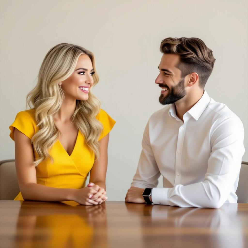 Two individuals sitting at a table facing each other smiling. One individual wears a yellow dress and the other wears a white dress shirt and black slacks. The setting is casual yet professional. Their expressions convey happiness and comfort with each other.