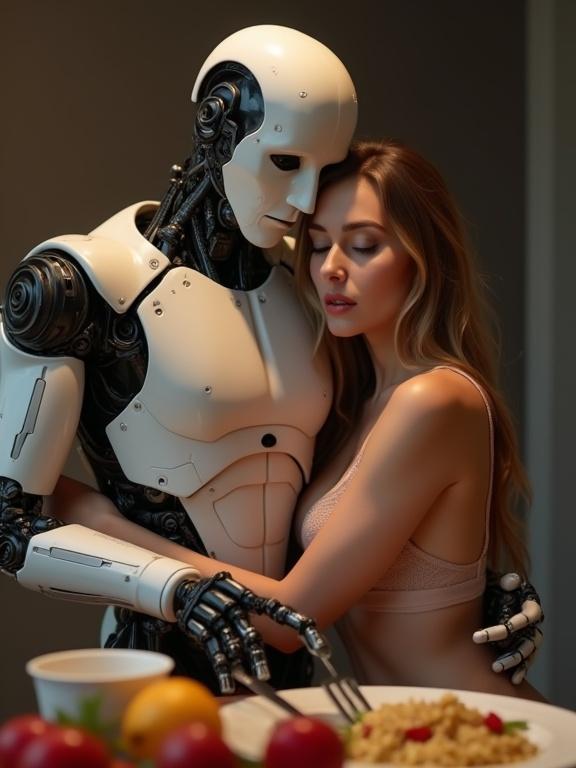 A faceless Android robot hugs a woman. She wears lingerie and rests her cheek on his back. They are in a warm, romantic setting with dinner preparations.