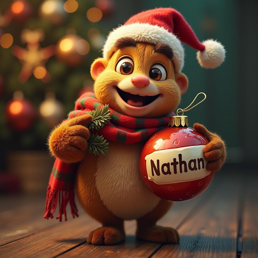 Bing character holding a Christmas bauble. Bauble has the name Nathan.