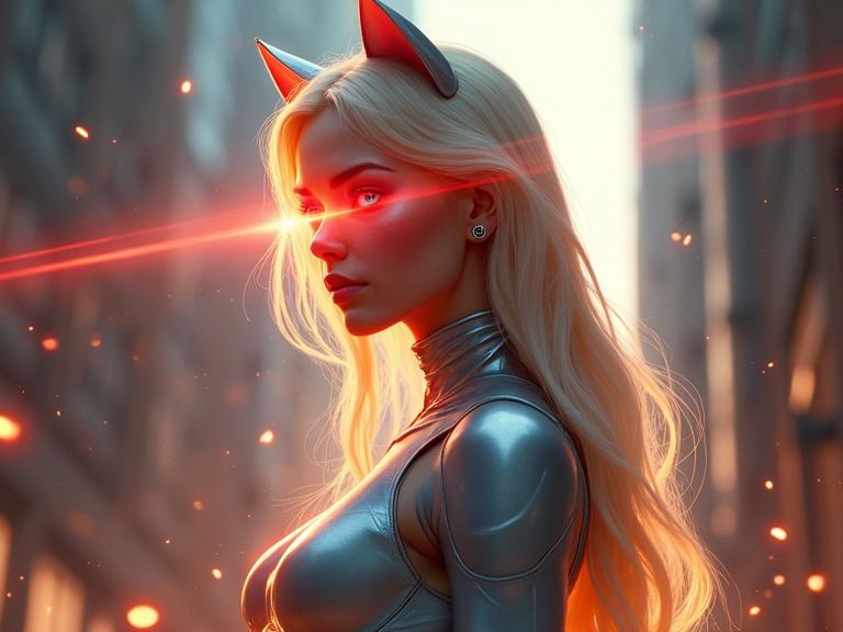 Photorealistic woman with platinum blonde hair and striking blue eyes. She shoots red beams from her eyes. She wears a skintight bodysuit. Cat ears and tail match her hair. Melting or blowing holes in buildings as backdrop.