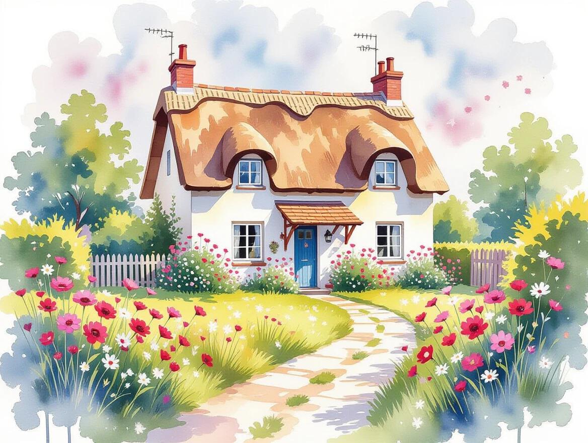 Cozy countryside cottage with thatched roof surrounded by blooming flowers. Watercolor illustration in an expressive style. Pathway leads to the house with vibrant garden. A blend of artistic influences creating beauty. Iridescent and abstract elements included.