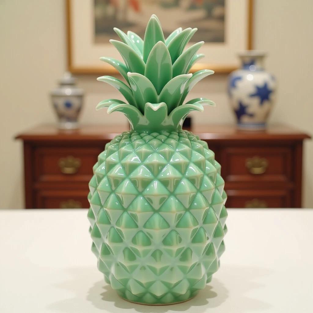 A decorative pineapple made from celadon porcelain sits on a surface. The pineapple has a glossy mint green finish with a detailed and lifelike design. Background features traditional decorative vases.