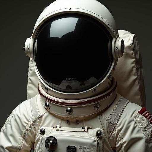 An astronaut with a space helmet. Gothic style is prominent. The suit is made of silk. Features a black shiny helmet with an ivory textured suit.