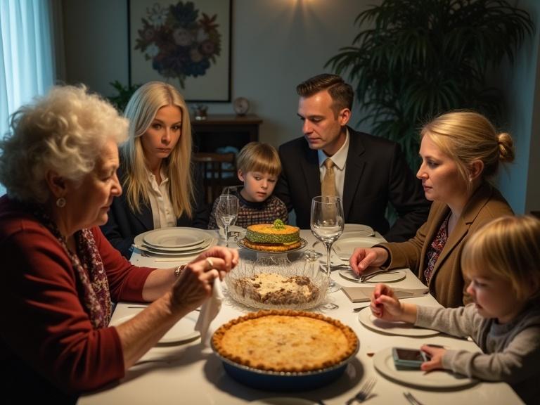 Cinematic dinner scene with frozen tension. Older woman holds napkin, looks confused. Opposite her, fashionably dressed woman appears confrontational. Lean man avoids eye contact. Two children focused on phones. Emotionally charged atmosphere.