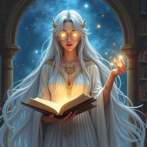 A divine goddess embodies magic and knowledge. She possesses glowing magical glasses. Ancient runes shine within her eyes. Long silver hair flows elegantly. She wears celestial robes. In a library filled with stars, magical books levitate around her. An enchanted staff rests in her hand. The scene is bathed in a soft divine light. The style is realistic and ultra-detailed, in fantasy anime art, with an ethereal glow.