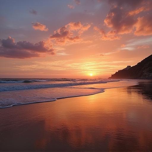 Playa de Ipanema at sunset. Vibrant colors in the sky. Calm waves on the beach. Warm atmosphere. Scenic view of the horizon.