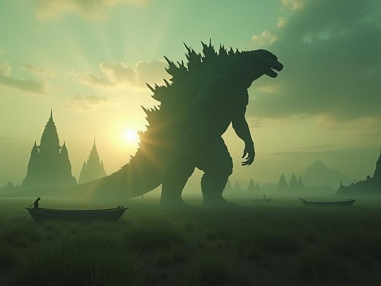A gigantic silhouette of Godzilla is seen walking across a grassy marshland at sunset. Stone temples are visible in the background among dramatic lighting and shadows. Small boats add to the atmosphere. Dark green and grey tones dominate the scene.