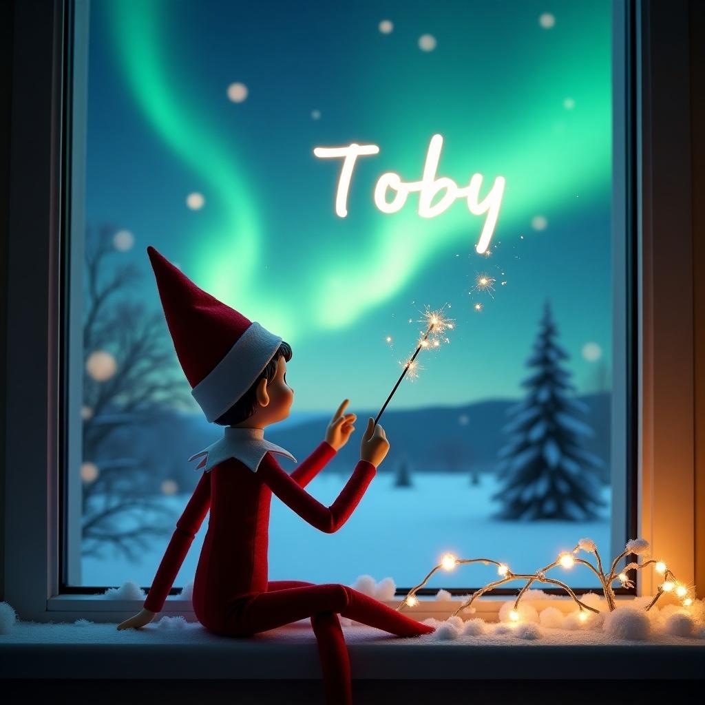 An elf sits on a windowsill with its back turned. The elf gazes at the night sky filled with Northern Lights. It holds a wand creating sparkles. The elf writes 'Toby' in the sky. A serene winter landscape with snow covers the ground. Soft glowing lights indicate a festive setting. The image evokes feelings of magic and wonder during Christmas.