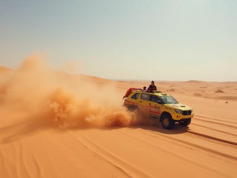 SUV drifting in the Sahara Desert. Dust is kicking up under the vehicle's wheels. Clear skies, sandy terrain. Energetic outdoor scene.