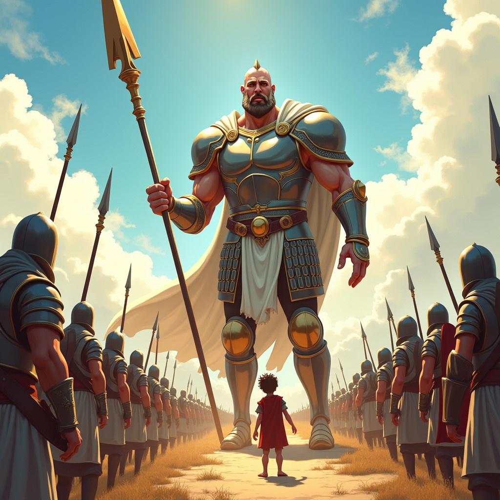 A towering Goliath adorned in shining armor stands prominently in a sunlit battlefield. Glimmering armor reflects sunlight showing intricate designs that signify strength. Behind him, rows of soldiers create depth emphasizing battlefield chaos. A young boy dressed in shepherd attire gazes up at Goliath with wide eyes. Soldiers appear anxious, looking away from the giant.