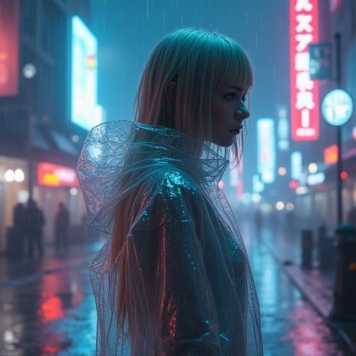 A beautiful young woman with silver blonde hair wearing a clear raincoat standing in a futuristic cyberpunk city. Neon lights illuminate the rainy night scene. The focus is on her amidst a detailed urban landscape. High-quality digital art capturing a vivid atmosphere with rain.