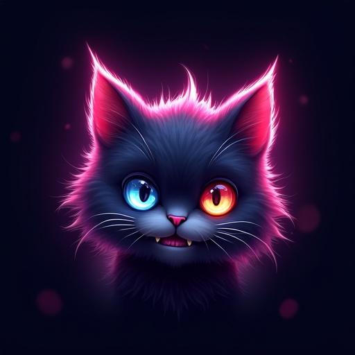 Highly detailed logo with split cat design. Left side features cute fluffy cat with shiny fur and friendly smile. Right side shows darker monster-like cat with glowing eye. Seamless transition between cute and edgy styles. Deep gradient background with neon glow.