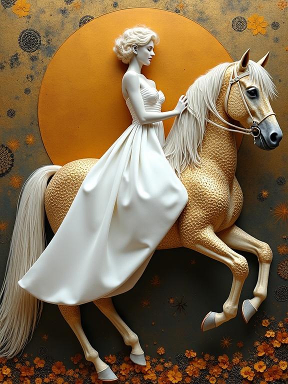 Artistic representation of a woman in a white gown riding a stylized golden horse. The background features a large golden circle with decorative elements. The overall style is whimsical and detailed, inspired by various artistic influences.