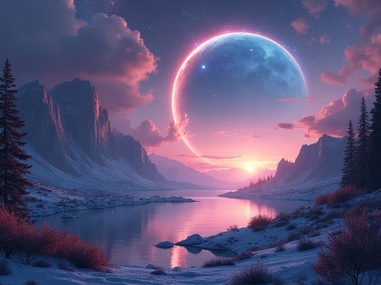 Surrealistic space landscape with a lake and large moon in the sky. Soft pastel colors dominate the scene. Snowy mountains flank the landscape. Stars scattered in the twilight sky. Water reflects the colors of the moon.
