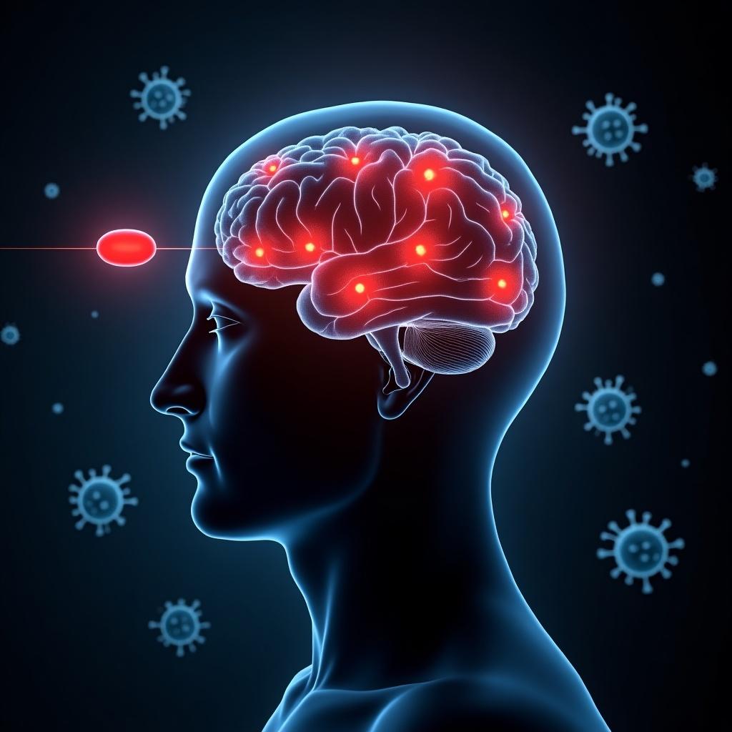 The image presents a stylized side profile of a human head, focusing on a digital representation of the brain. Bright red areas illuminate points of activity, drawing attention to cognitive functions. An oval-shaped, red object approaches the brain with a laser-like intensity, suggesting an interaction or influence. The background is dark, providing a stark contrast, while scattered representations of viruses evoke a scientific theme. This visual emphasizes the intersection of health and technology.