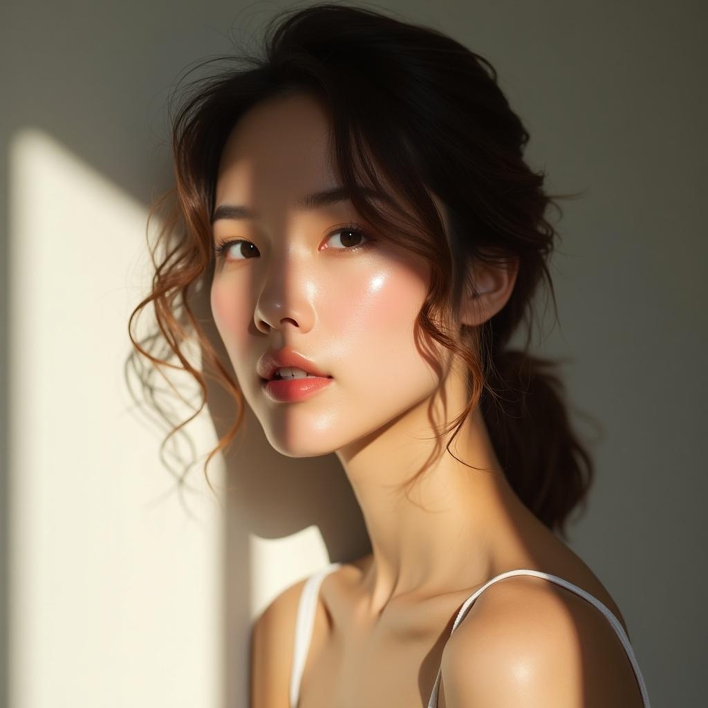 Softly lit by natural sunlight. Gentle blush complements serene gaze and styled hair. Play of light and shadow adds depth to minimalist background.