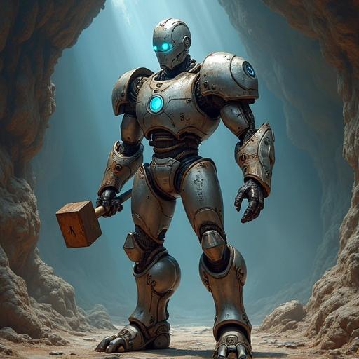 Full length portrait of a fantasy robot inspired by D&D Eberron. Its head has Iron Man resemblance with blue crystal eyes and a rune on the forehead. The body is silvery steel armor plating over brown wooden organic muscles. One hand holds a smith's hammer. The feet have two toes. The setting is a cavern.