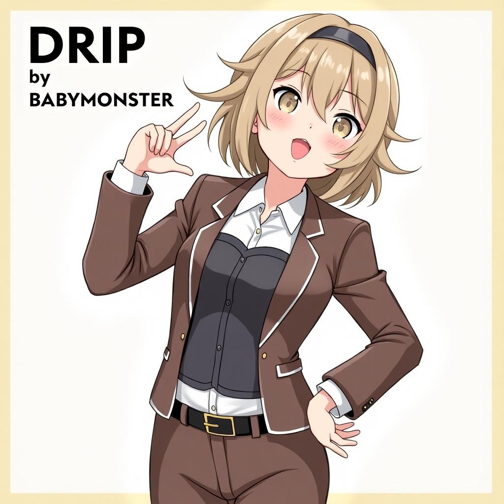 K-pop character dances to DRIP by BABYMONSTER. Character has short light brown hair. Outfits are black and white with a trendy design.