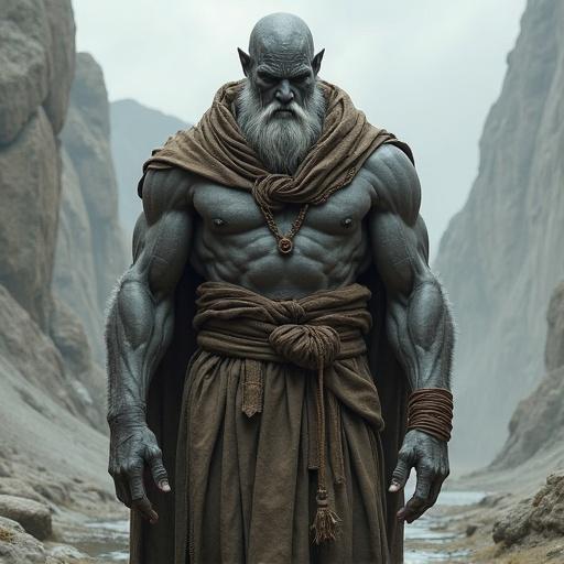 A tall Goliath monk features grey skin. Character design focuses on physical strength and monk attire. Scene set in mountainous terrain.
