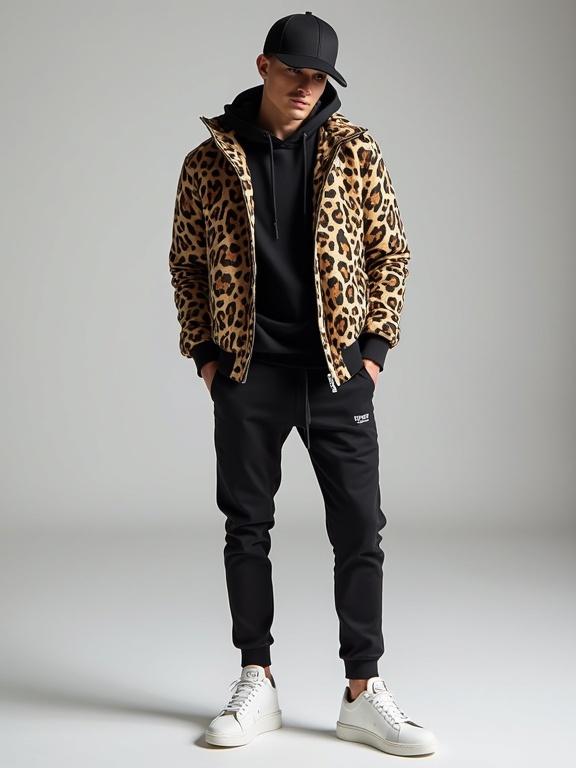 Trendy urban outfit featuring a leopard print jacket and white trainers. Model wears black hooded sweatshirt and joggers. Strong focus on contemporary fashion style.