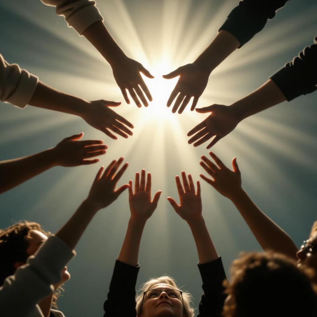 Many different hands of various ages and skin tones are reaching up towards a bright light. The scene is dramatic and cinematic. The composition is upbeat and evocative. The image captures a moment of unity and aspiration.