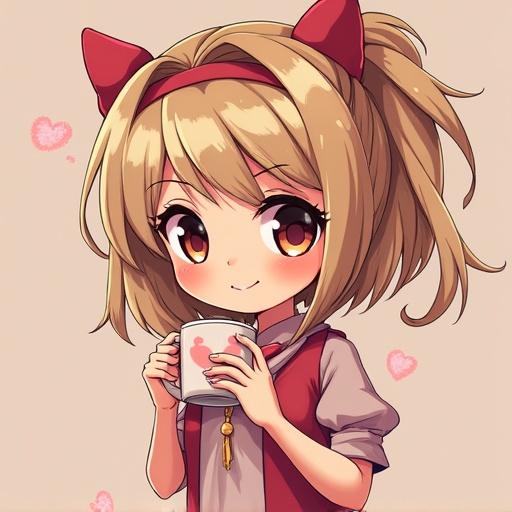 Super cute animated girl with brown hair holding a cup. She has cat ears and a friendly smile.
