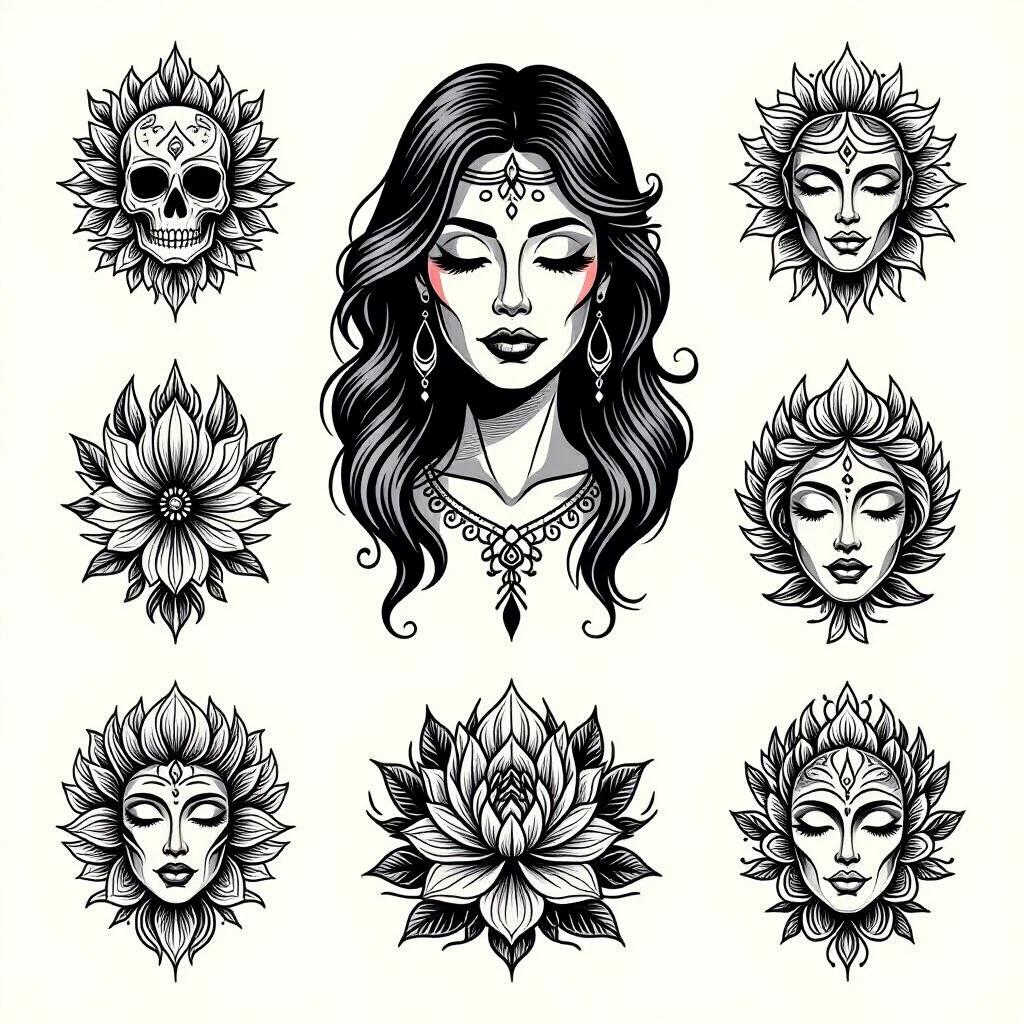 Flash tattoo sheet featuring beautiful fantasy designs. Central figure portrayed with long flowing hair. Surrounding elements include various bold and intricate lotus designs. Single line style emphasized throughout the artwork.