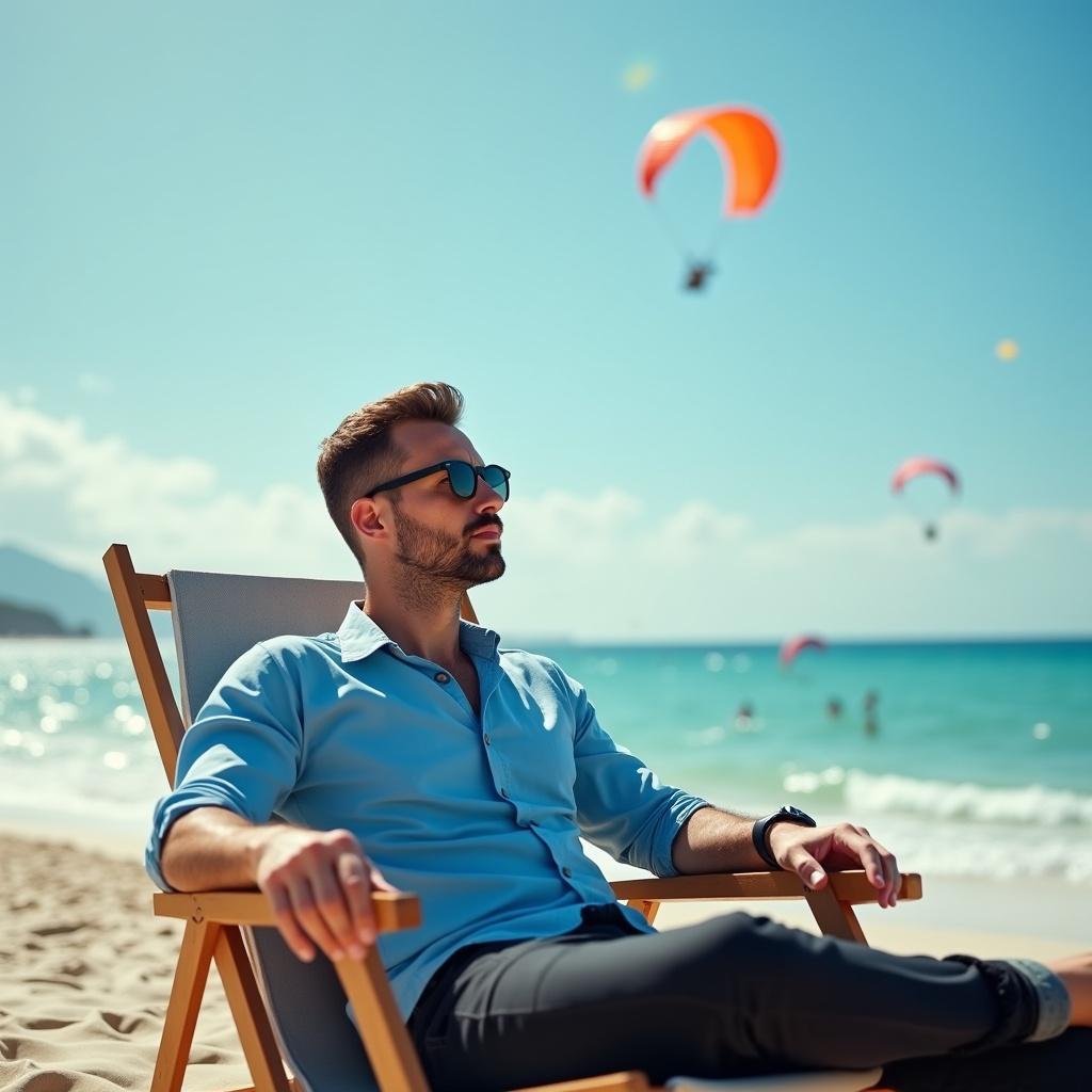 A man lies on a beach chair enjoying a stunning view of the beach and sky. Parasailing activities are visible in the distance. The photo is taken from behind the chair, showcasing the man's relaxed posture and the beautiful ocean.