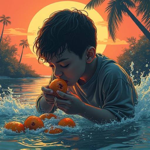 Boy in shallow water with oranges. Sunset in the background with palm trees. Child focuses on fruit surrounded by water. Warm colors create a joyful atmosphere. Attention to detail in composition and lighting.