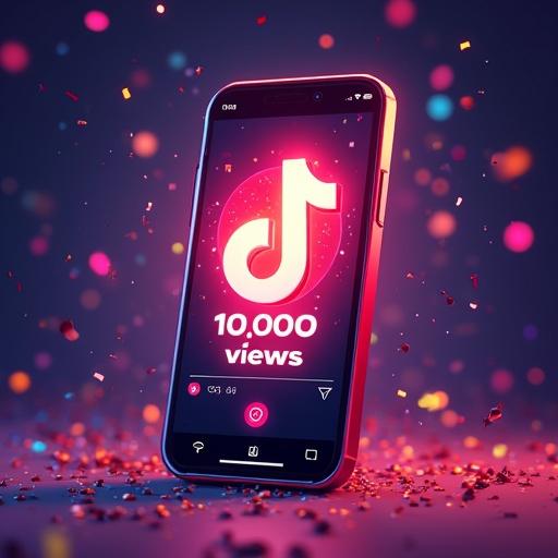 Vibrant digital illustration of a smartphone screen. Smartphone shows a TikTok video with a glowing '10,000 views' badge. The scene is surrounded by colorful confetti and effects. Illustration conveys excitement and achievement in social media style.