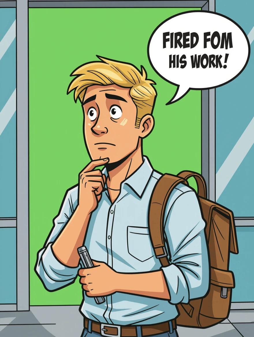 A blond man with spare hair stands in front of a green screen. He is holding a pen and looks thoughtful. He wears a light blue shirt and has a brown backpack. The man has a thoughtful expression. Speech bubble says Fired from his work.