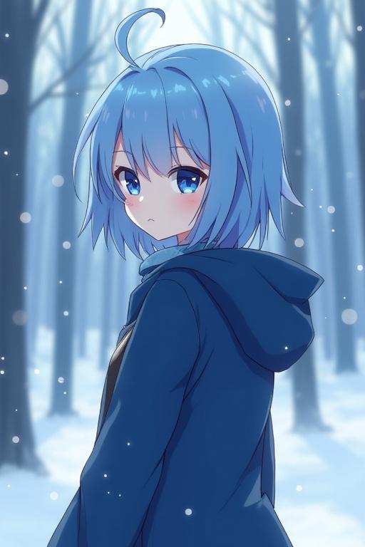 Character with blue hair wearing a blue coat with a hood. She stands in a snowy forest. Background features soft blue hues and bokeh effects. The character looks over her shoulder, showing a gentle expression.
