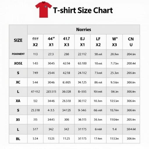 T-shirt size chart in tabular format presenting various sizes and measurements. Includes columns for different specifications such as two measurements for each size. Aimed at providing clear size guidelines for customers.