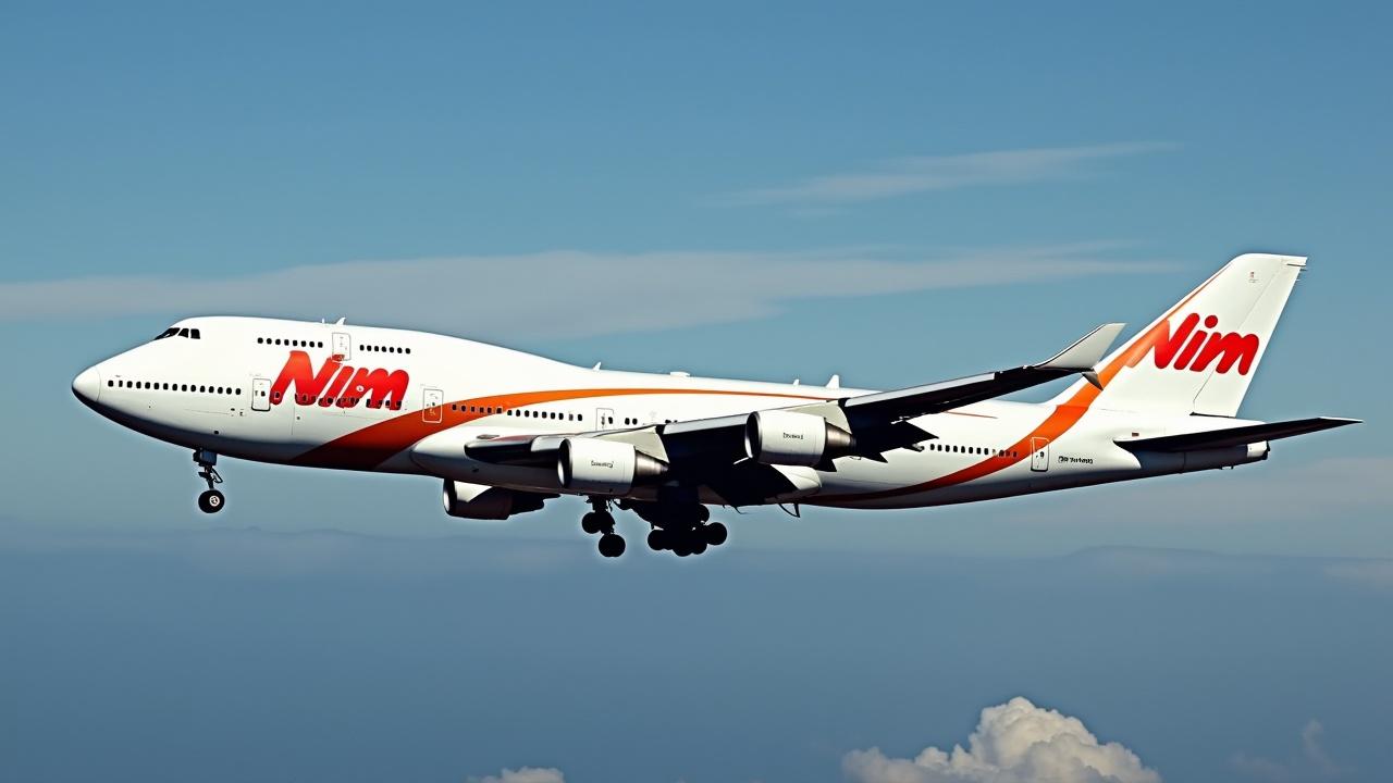 This image showcases a Boeing 747 belonging to Nim Airlines as it flies through a clear blue sky. The aircraft is predominantly white with orange and red branding that spells out 'Nim'. The airplane is depicted in a side view, allowing for a clear view of its iconic shape and livery. The background features a few fluffy clouds, giving a sense of altitude and aviation. This image is ideal for discussing large commercial aircraft or the services provided by Nim Airlines.