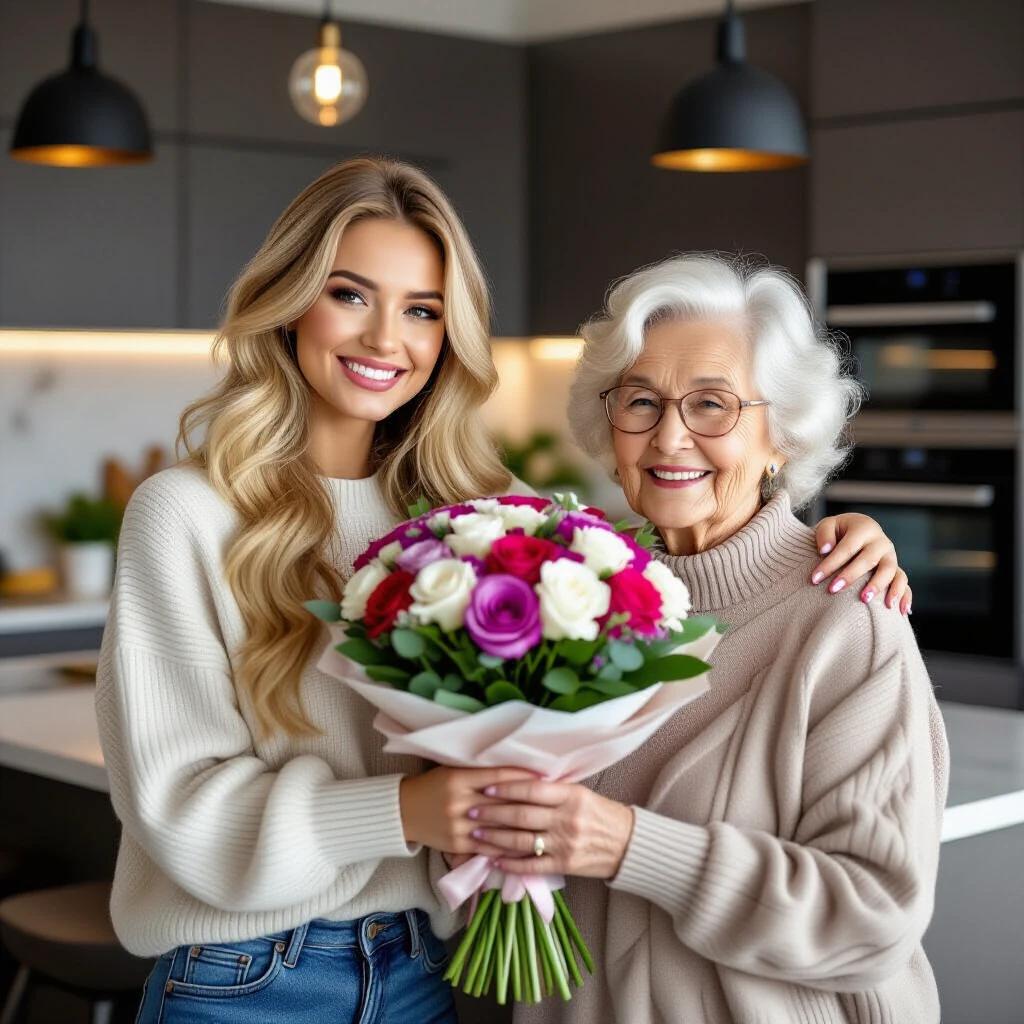 A beautiful young woman with long blonde hair smiles and holds a bouquet of flowers. She stands beside her elderly mother, who is also smiling. The background features a modern, sleek kitchen with stylish appliances and warm lighting.