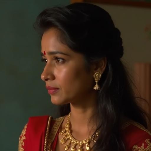Scene from a Bollywood film featuring a woman with a sad expression. She is dressed in traditional attire. The background suggests a warm setting. Focus on her face.