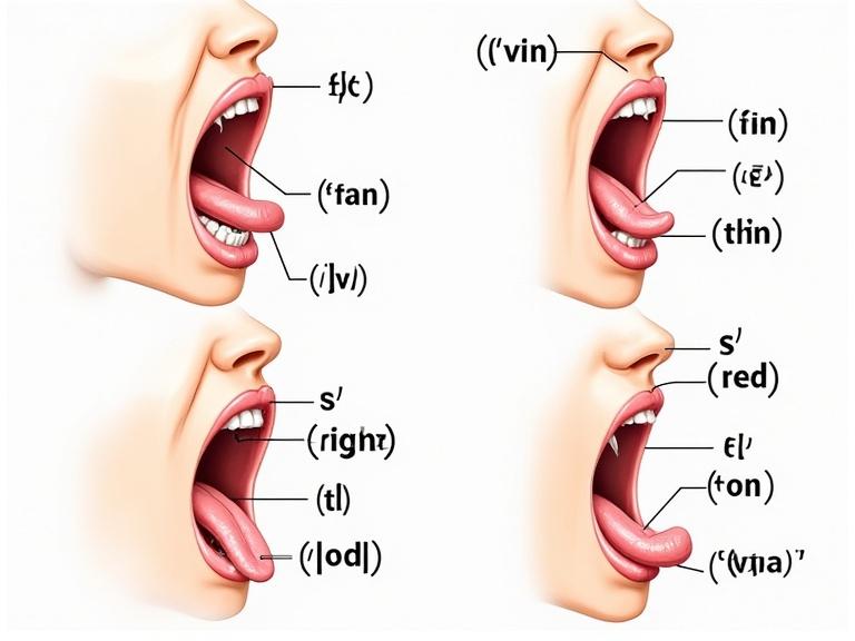 Illustration shows mouth with exaggerated tongue lip positions for consonant sounds. Four sections display sounds /f/ (fan), /v/ (van), /t/ (tin), /θ/ (thin), /l/ (light), /r/ (red), /s/ (sun), /z/ (zoo). Each section includes IPA symbols and example words. Background is clean and educational.