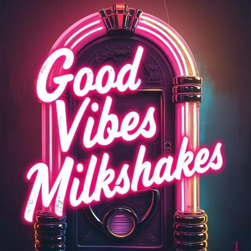 Diner-inspired t-shirt design with bright neon sign. Features milkshake and jukebox. Text reads 'Good Vibes & Milkshakes' in bold retro font. Color scheme includes pink, teal, and yellow hues. Transparent background with vintage texture.