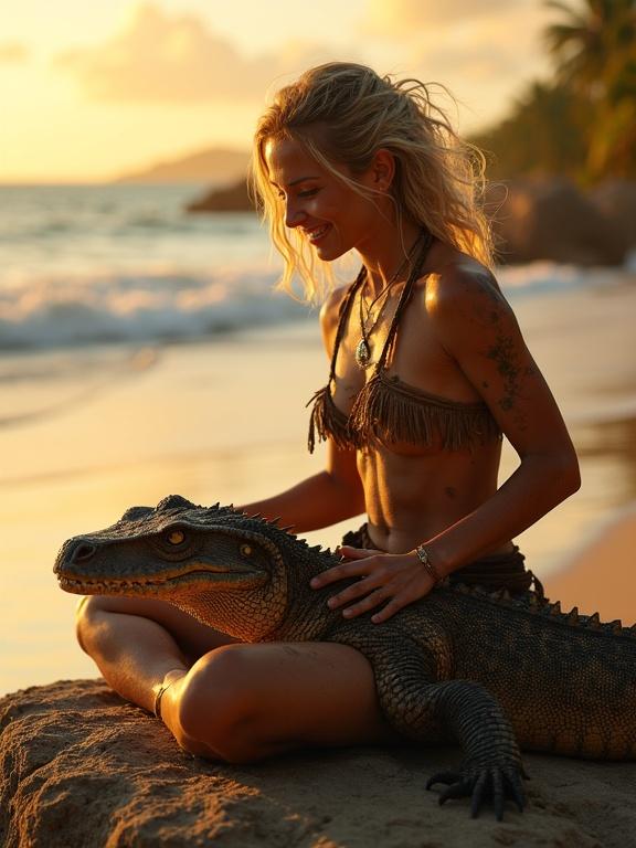 A young blonde tribal warrior sits on a boulder by the beach. Bronze skin glistens as the sun sets. She wears a loincloth and body paint. Gently strokes a komodo dragon resting in her lap. The dragon's tongue flicks. A warm atmosphere connects them both. Soft wind blows her hair. Vivid warm colors enhance the scene.